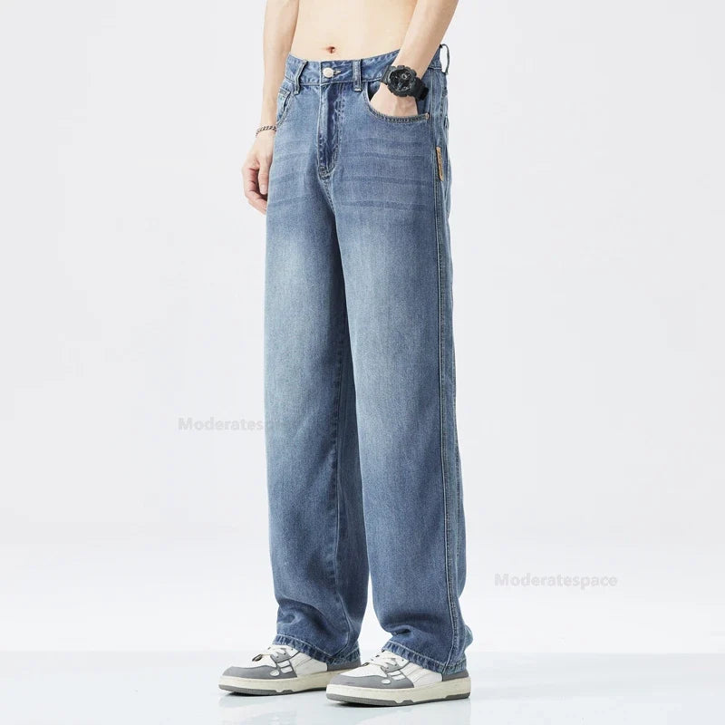 Stretch Jeans Men's 2024 New Lyocell Fabric High Quality Soft Loose Wide Pants Elastic Waist Casual Denim Trousers Streetwear