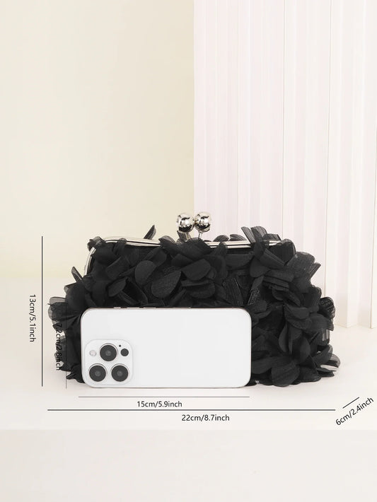 3D Floral Decor Clutch Bag, Elegant Silk Appliques Dinner Purse For Wedding Party Prom Banquet - Perfect for Wedding, Party