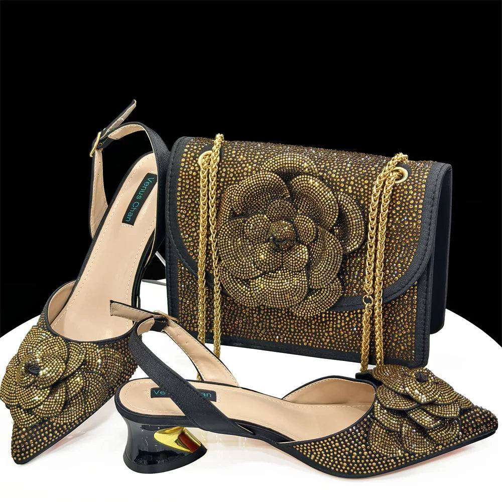 Evening Shoes and Bags Set with Full Diamond Handmade Petal Clutches Pointed Toe Peach Color Mid-Heel Women Shoes