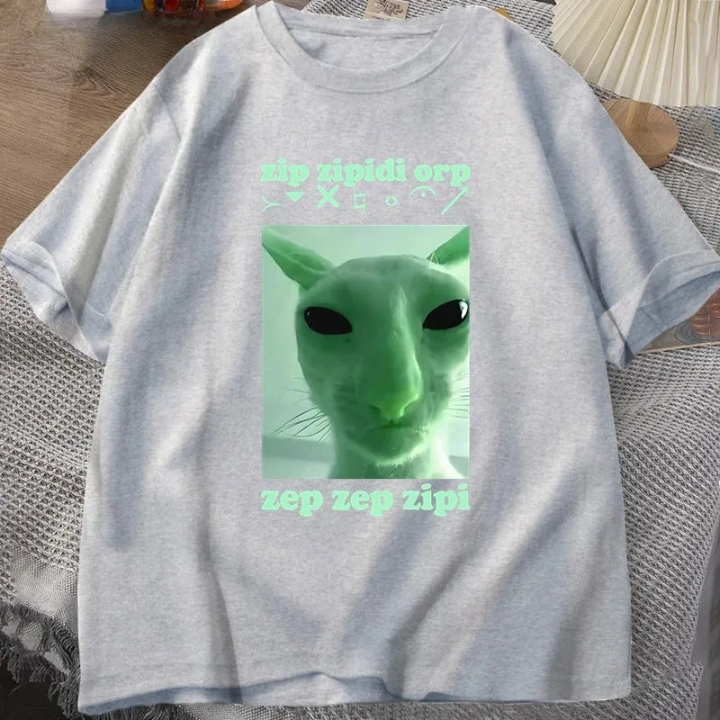 Funny Alien Cat Dank Meme T Shirt for Women Brainrot T-shirt Stupid Cringe Tshirt Harajuku Tees