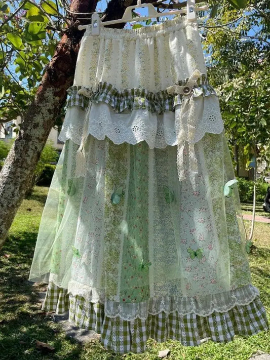 Japanese Style Casual Vacation Skirt Women Resort Vintage Lace Stitching Loose Skirts Summer Print Check Chic Design Outfits New