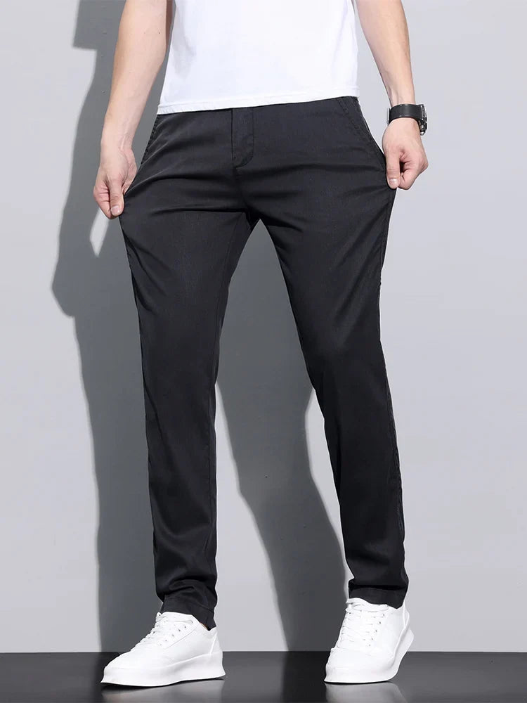 Fiber Fabric Summer Men's Casual Pants Fashion Thin Soft Breathable Elastic Business Slim Straight Trousers Black Gray