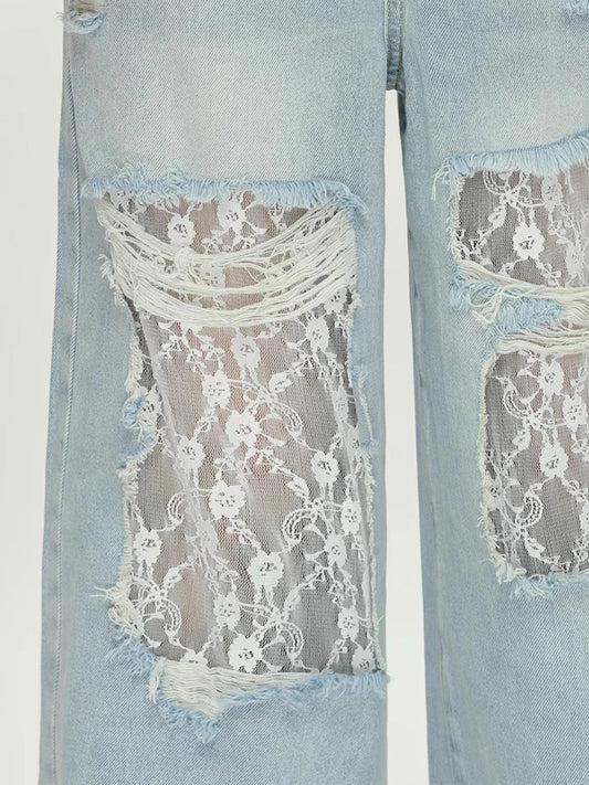 Women's Lace Hollow Out Baggy Jeans Vintage Destroyed Holes Raw Edge Wide Leg Denim Pants Casual Korea Everyday Wear