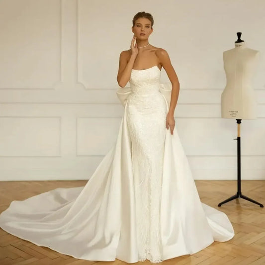 Boat Neck Mermaid Wedding Dresses with Dechable Train Sequined Beading Luxury Vestidos De Novia Vintage Bridal Gowns