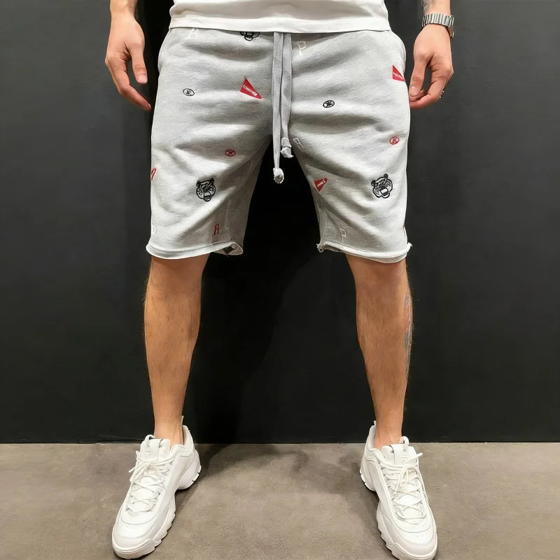 Spring Summer Mens Cotton loose Shorts Streetwear Bodybuilding Embroidered casual Short pants Jogger sports Tiger head Shorts