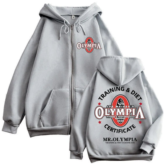 Training Diet Certifiate Mr Olympla Graphic Zipper Hoodie Men Women Gym Fitness Zip Up Sweatshirt Casual Fashion Loose Pullovers