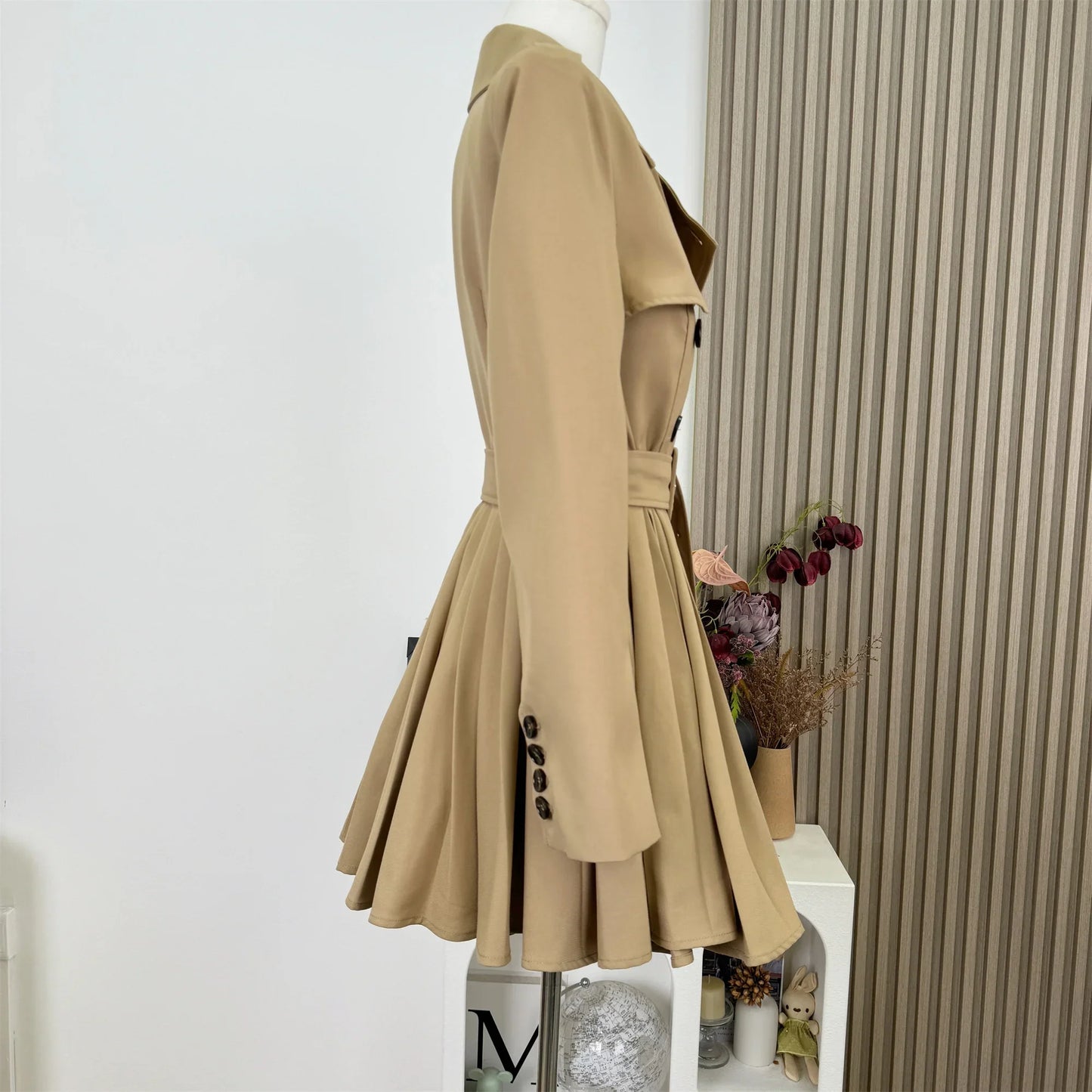 New Autumn Winter Women's Windbreaker Dress Mini Skirt Long Sleeve Empire Waistline Outerwear Female Long Coat N967