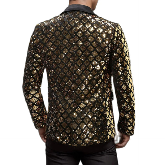 Men's Gold Suit Jacket, Wedding Party Dress Coat, Silver Blue Black Round Metallic Sequin Decoration Blazers.