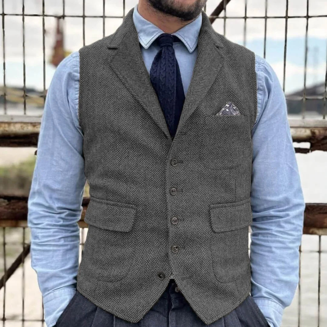 Men Vest Khaki Herringbone Single Button With Lapel Waistcoat For Banquet Party Business Office Work Casual Daily Men Suit Vest