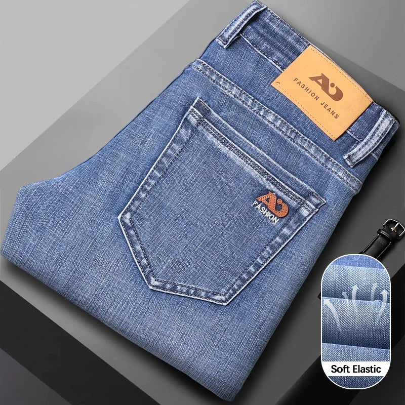 Fashion Light Blue Slim Straight Jeans Men's Spring Autumn Elastic Comfortable Denim Pants Korean Casual Business Trousers