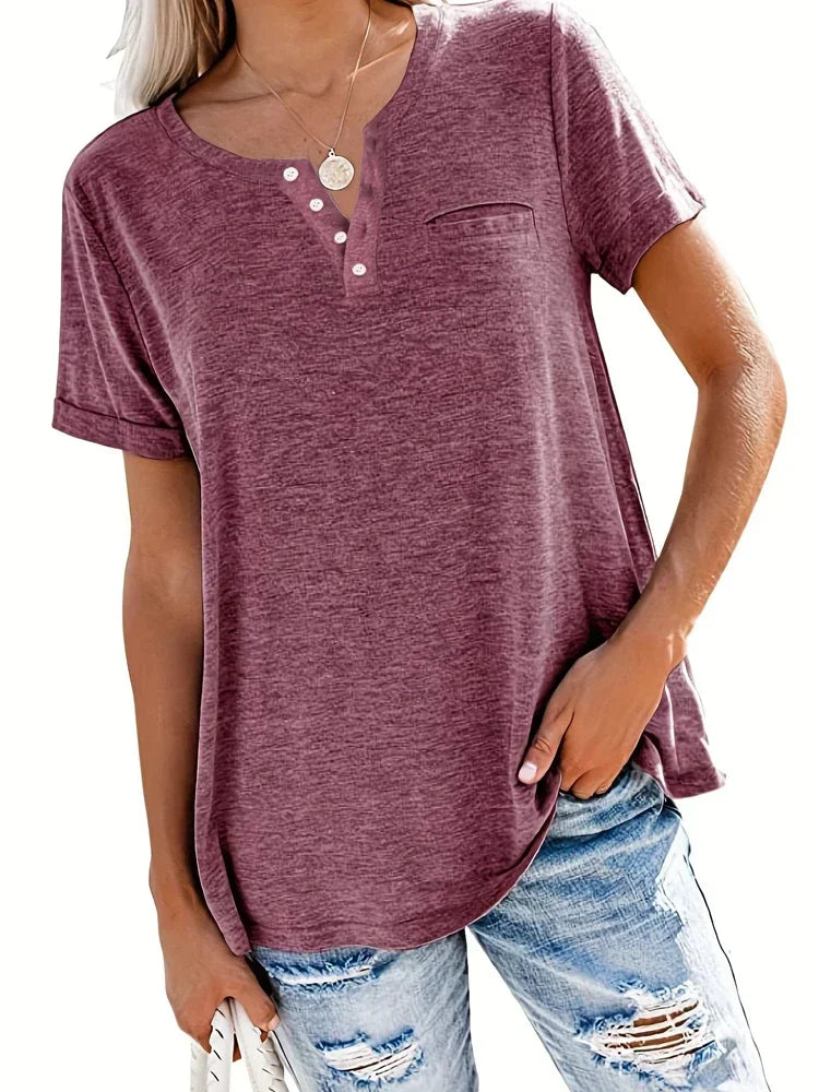 Plus Size 1XL-5XL Women's Spring and Summer New Style Loose Tops Ladies Casual V-neck Short Sleeve Pocket T-shirt