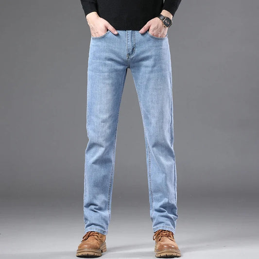 Fashion Light Blue Slim Straight Jeans Men's Spring Autumn Elastic Comfortable Denim Pants Korean Casual Business Trousers