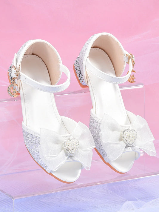Girls' Crystal Heel Bowknot Dress Sandals, White Sparkly Princess Party Shoes For Children