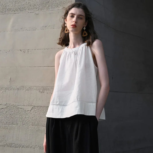 100% Linen Halter Tops Women 2026 Summer New Round Neck Sleeveless Tank Top French Office Ladies Loose Camisoles