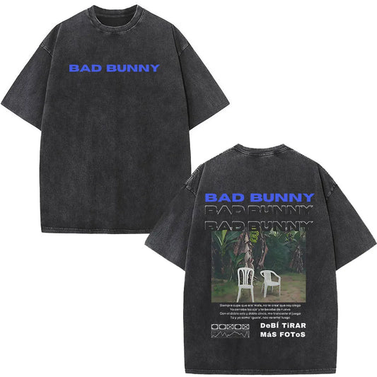 Rapper Bad Bunny Washed Vintage T-shirt Debi Tirar Mas Fotos DTMF World Tour T Shirts Men's Fashion Hip Hop T-shirts Streetwear
