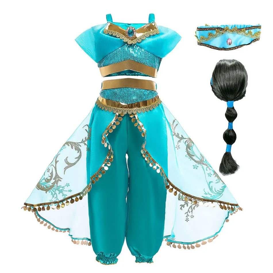 Children Aladdin Lamp Dress Kids Jasmine Costume Girls Birthday Princess Cosplay Shoulderless Outfit Carnival Clothes 3-10T