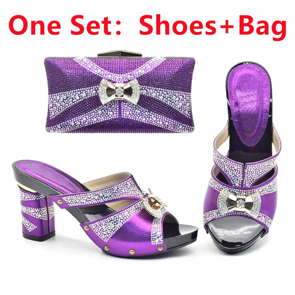 Latest Red Color Italian Ladies Shoes and Bag Sets Decorated with Rhinestone African Matching Shoes and Bags Italian In Women