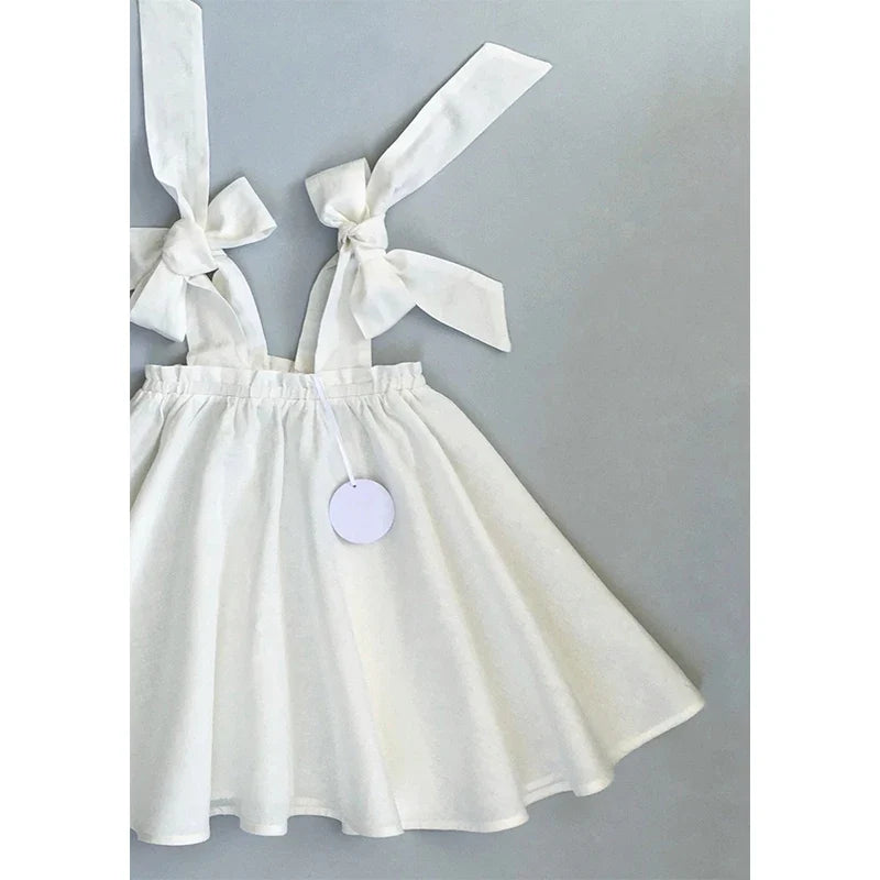 Summer Girl's Bow Tie Shoulder Straps 100% Cotton White Dress 2026 New Flower Girl Loose Vacation Party Princess Dresses