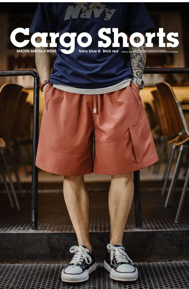 Men's Outdoor Casual Cargo Shorts Elastic Waist Drawstring Shorts with Reflective Strip and Multiple Pockets Loose Bottoms