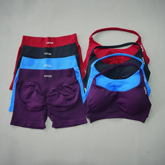 Women's Fashion 2 Piece Sports Set Lace Up Sports Bra Seamless Shorts Leggings Yoga Gym Fitness Running Tracksuit