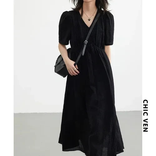 Women Dresses French Style Vintage V-neck Puff Sleeve Long Dress Solid Black Loose Female Clothing Summer New 2023
