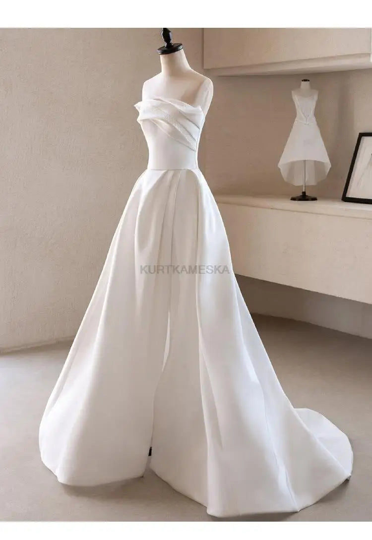 French Luxury White Satin Trailing Wedding Dresses for Bride 2026 Women Elegant Sexy Strapless Long Prom Party Dress Vestidos