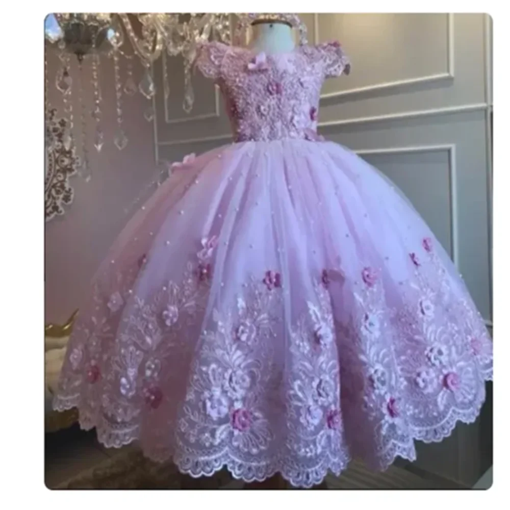 Baby Girls Dresses Off Shoulder Pearls Lace Butterflies Flower Princess Dress Infant First Birthday Party Gown Communion Gift