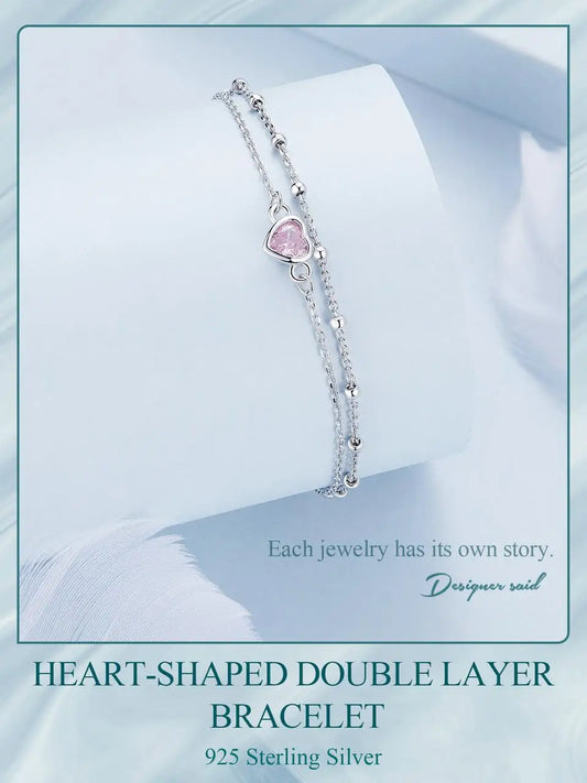 Bracelet double couche en argent sterling 925 avec cœur rose, perles rondes réglables et chaîne maillée pour femme, cadeau de Saint-Valentin