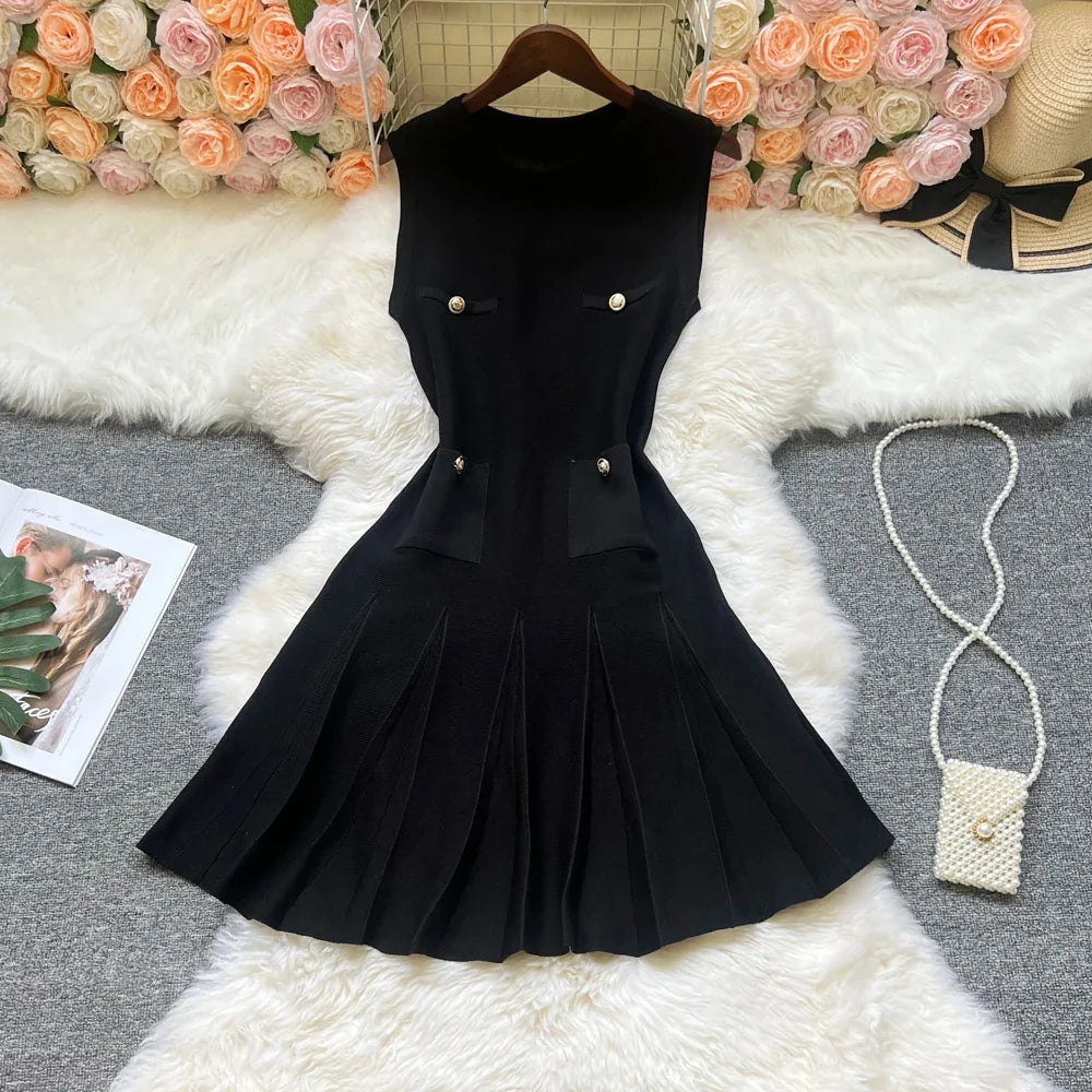 Chic Fashion 2026 Summer Pleated Short Dress Women O-neck Slim Waist A-line Party Dress Streetwear Lady Outfits Vestido