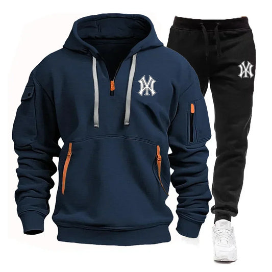A stylish, casual and fitness two-piece set for men's autumn and winter 2025: zipper hoodie, long-sleeved pullovers and jogging