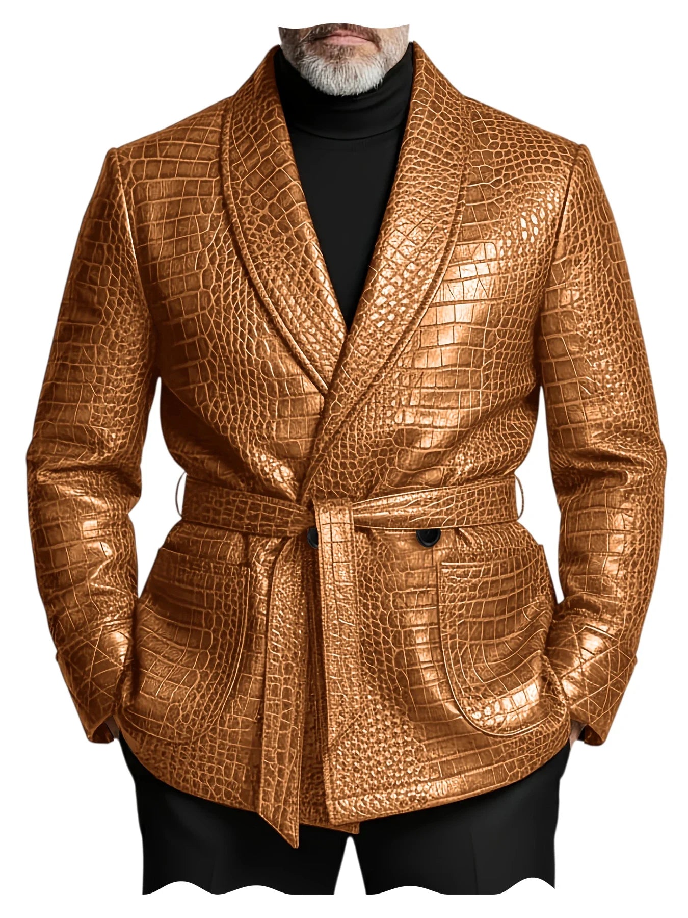  Men's Crocodile Pattern Leather Blazer Double Breasted Belted Shawl Collar Jacket Business Formal Party Wedding Casual Wear