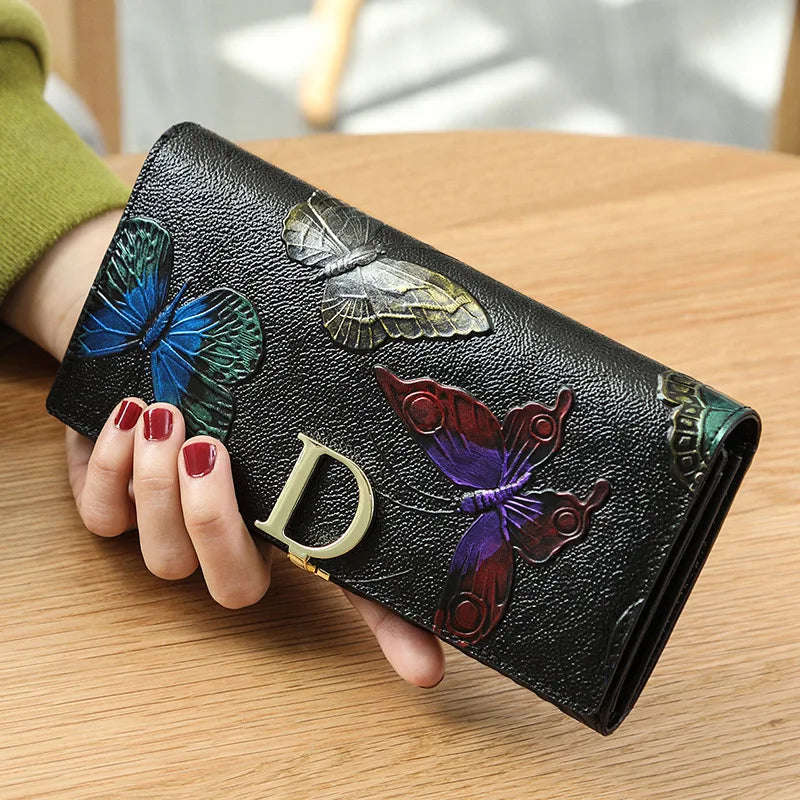 2025 New Genuine Leather Purse Wallet Female 3D Embossing Ladies Personality Retro Long Clutch Wallet Women Purse Coin Holders