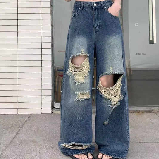 Casual Denim Pant Women Jeans Vintage Straight Trousers Autumn Spring Fashion Female Blue Wide Leg Pants Hole Jeans
