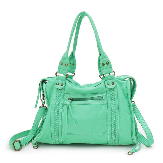 Vintage Washed PU Leather Large Capacity Tote Zip Pockets Braid Decor Shoulder Cross body Bag Unisex Women Daily Travel Handbag