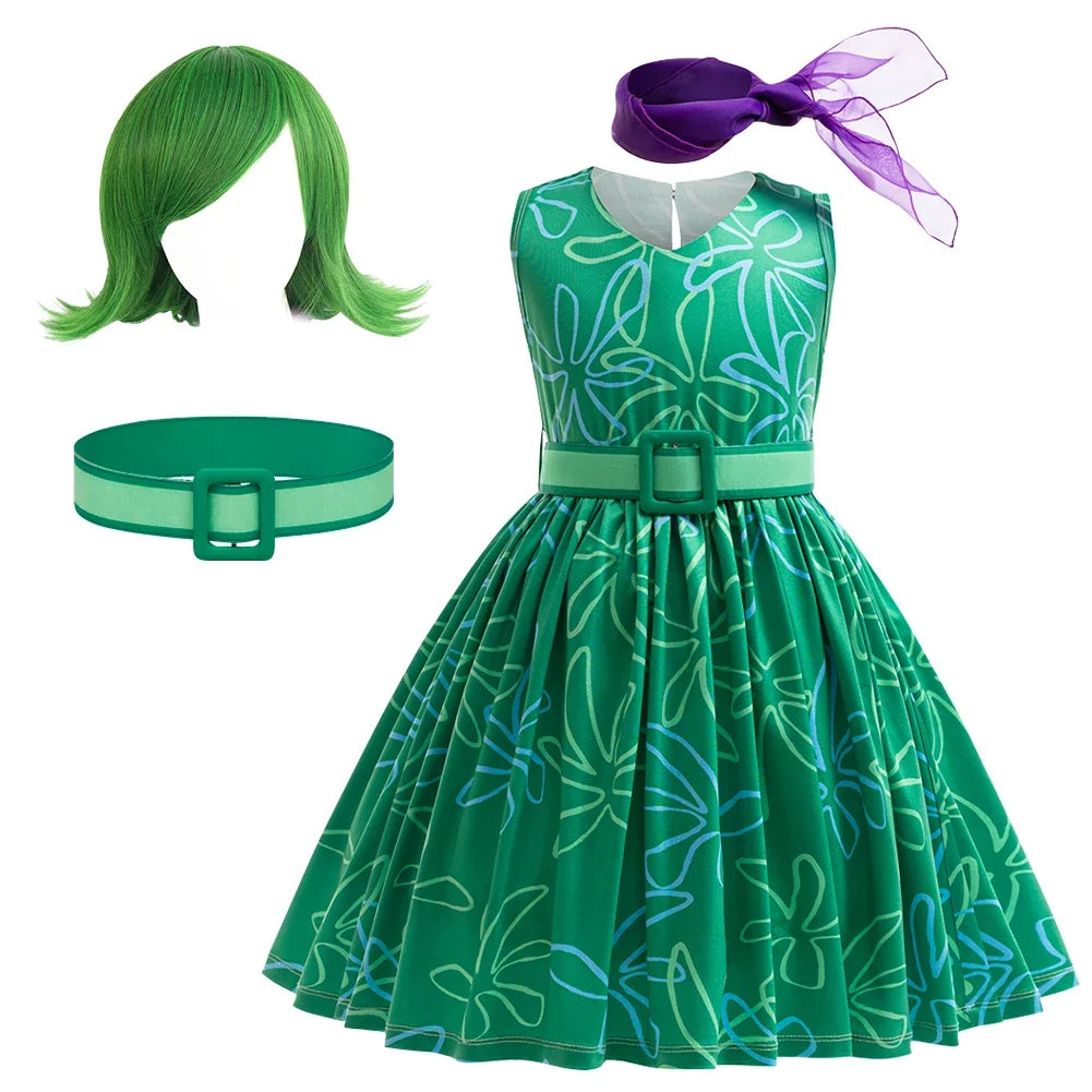 Girls Inside Out Disgust Cosplay Halloween Costumes Birthday Party Dresses Children's Role-playing Christmas Carnival Clothing