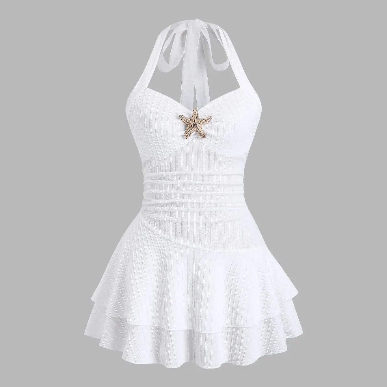 White Halter Neck Mini Dress Women's Ruffled Starfish Embellished Summer Casual Evening Gown