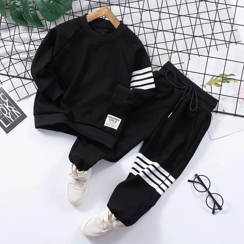 Spring Striped Baby Boys Workout Sweatshirt + Drawstring Sweatpant Sets Kids Tracksuit Child Jumper Pant Jogger Set 2-11 Years