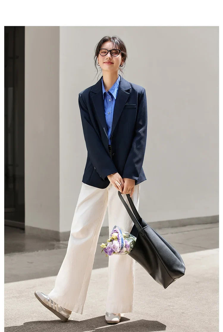 Women's Navy Blue Jackets Autumn 2026 Oversize Elegant Office Wear Blazer Notched Ladies New in Coats and Jackets A2360