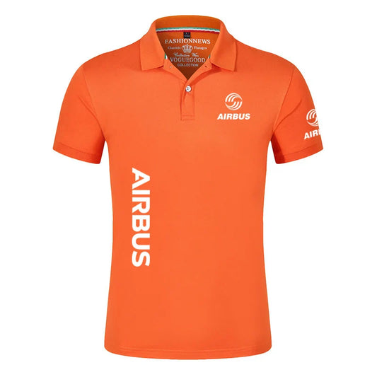 2024 New Solid Color Men AIRBUS AVIATION Flight Lapel Polo Shirt Bare Stand Collar T-shirt European Loose Short Sleeves Tops