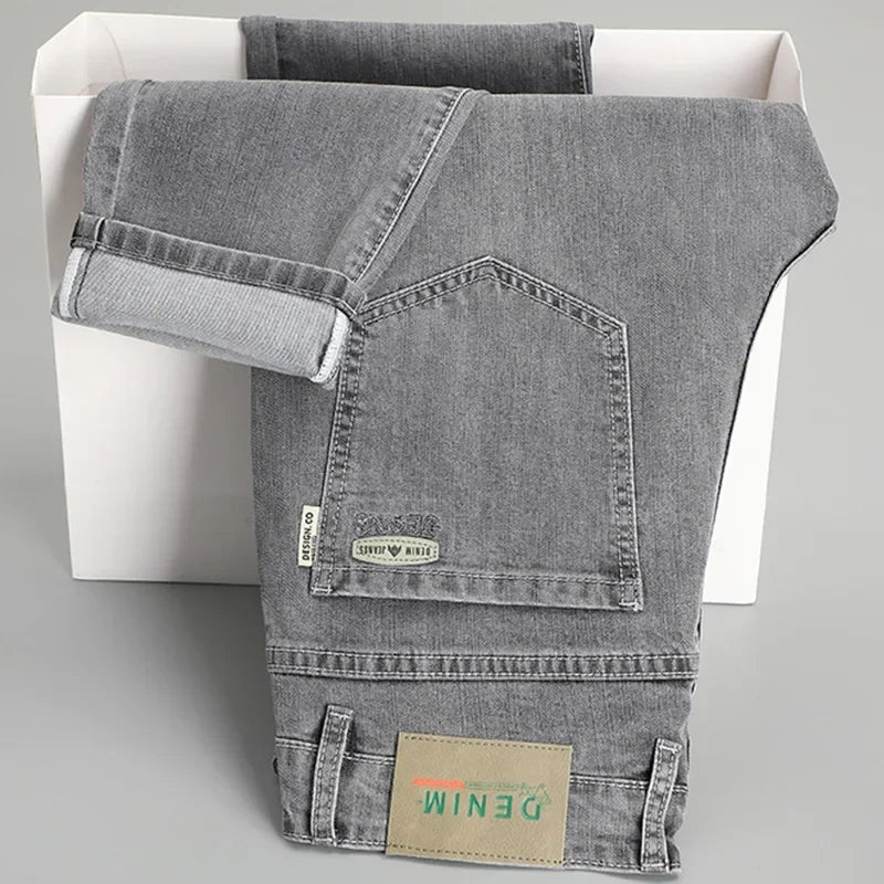 Classic Men Vintage Cloth High Waist Trousers 2024 Autumn Loose Straight Stretch Wash Jeans High Quality Sky Blue Brand Pants