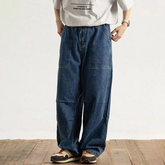 Spring And Autumn Japanese Style Oversized Straight Leg Jeans Loose Drawstring Workwear Pants Wide Leg Pants Men'S Pants