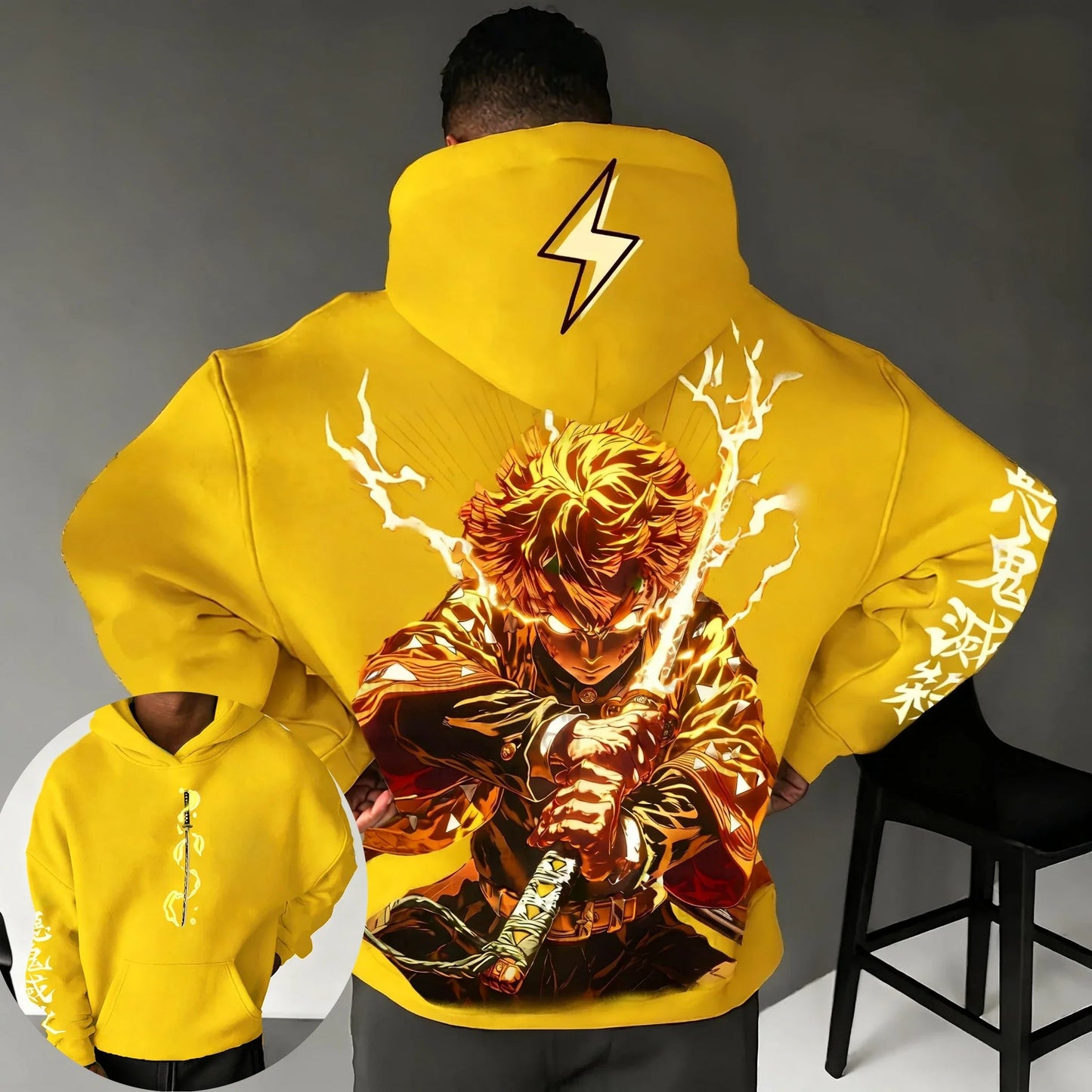 Demon Slayer Anime Yellow Hoodie 2025 Men's Autumn/Winter New Agatsuma Zenitsu Printed Casual Loose Parent Child Sweater Top