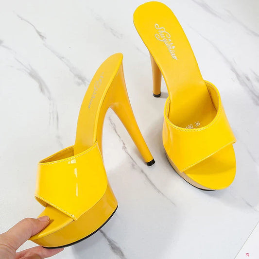 Slippers Women Summer 2022 New Black High Heels 13 CM Color Club Sexy High Platform Thin Party Girl Show Sandals Size 34-43