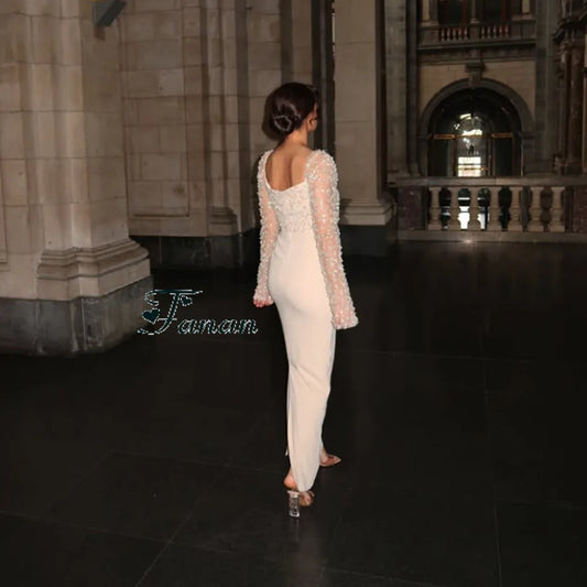 Customized Square Collar Elegant and White Evening Dress Sparkly Crystal ILLUSION Sleeves Prom Gown Backless Straight Party Gown