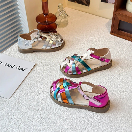 2026 Summer New Children's Shoes Knitted Sandals for Girls with Round Head Anti Slip Soft Bottom Comfortable Fashion Sandals