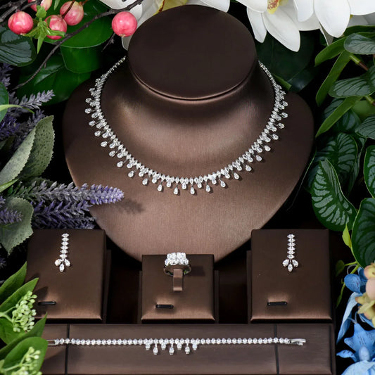 Simple Water Drop Crystal Cubic Zirconia Necklace Earrings Set 4PCS Jewelry For Women African Beads Jewelry Set N-297