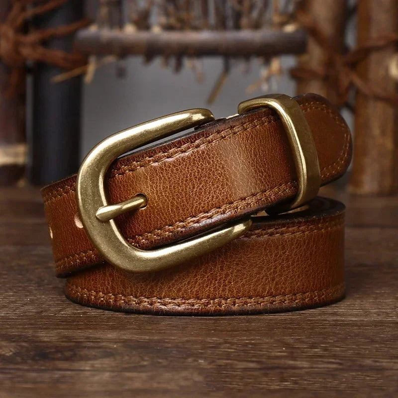 2.8 CM Pure Cowhide Genuine Leather Ladies High Quality Jeans Brass Buckle Belts Cowboy Fashion Designer Belts for Women luxury