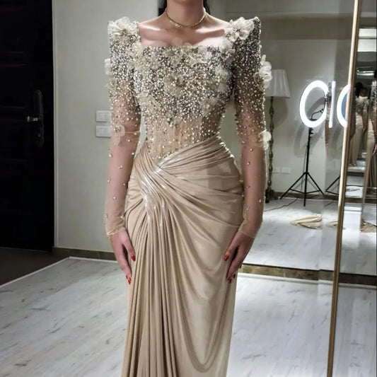Customized Pleated Mermaid Evening Dresses Crystals Beads Long Sleeves Formal Occasion Gowns With 3D Floral Appliques