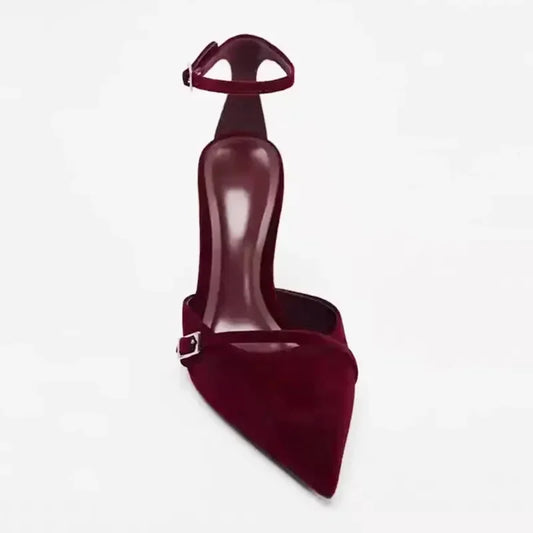 Elegant Burgundy Suede Ankle Strap High Heels Women Sexy Pointed Toe Buckle Strap Women Pumps Designer Party Shoes Heels Wedding