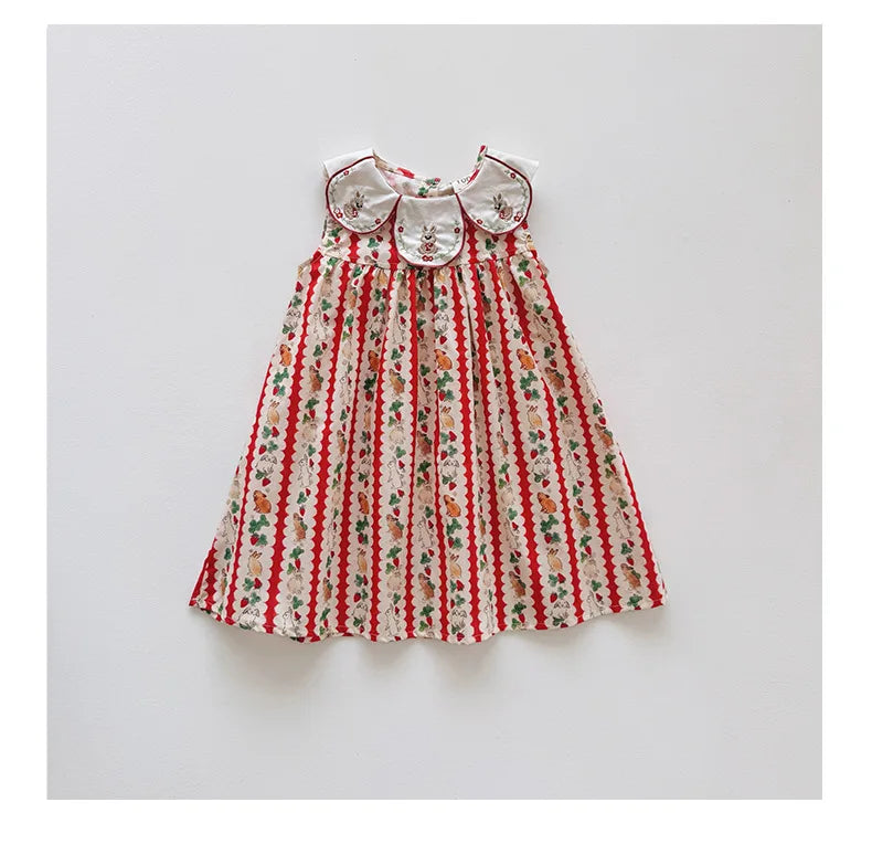 Flower Collar Rabbit Embroidered Girls' Dress 2025 Summer Style Cartoon Print Sweet and Cute Baby Sleeveless Dress